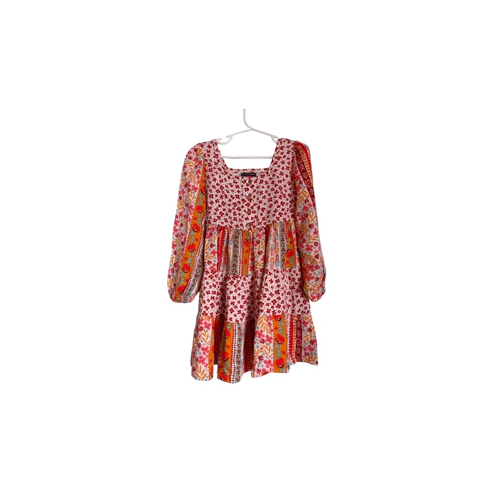 Vince Camuto Girls Red Orange Floral Mixed Print Tiered Long Sleeve Dress Size 6